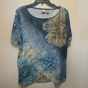 Chico's Blue and Beige Floral Short Sleeve Top